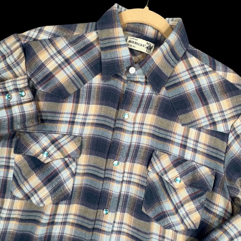 Vintage Roebucks Western Pearl Snap Shirt Mens M Blue Plaid Long Sleeve Cowboy